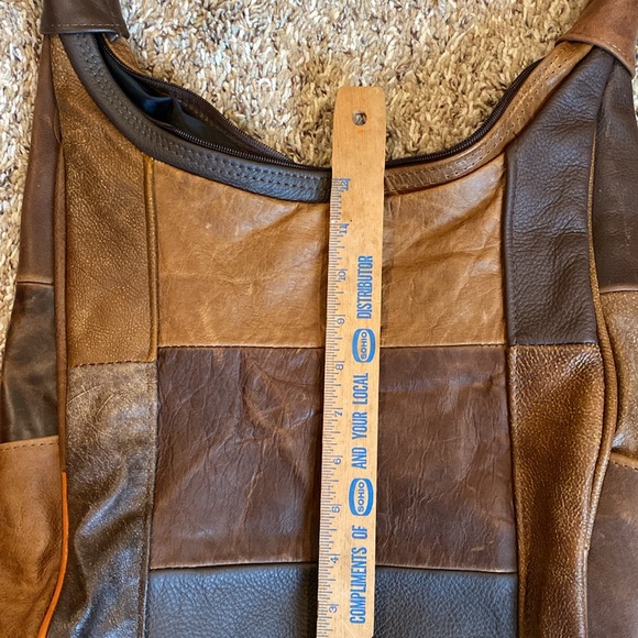 Genuine Leather Hobo Purse Adjustable Strap Brown Patchwork - Picture 5 of 9